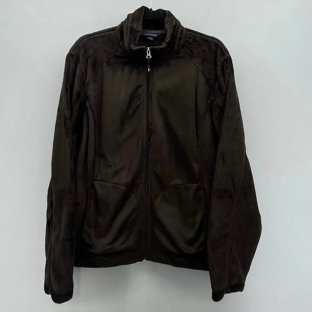 Lands End Fleece Jacket Womens XL Chocolate Brown Full Zip Cozy Comfort Quality